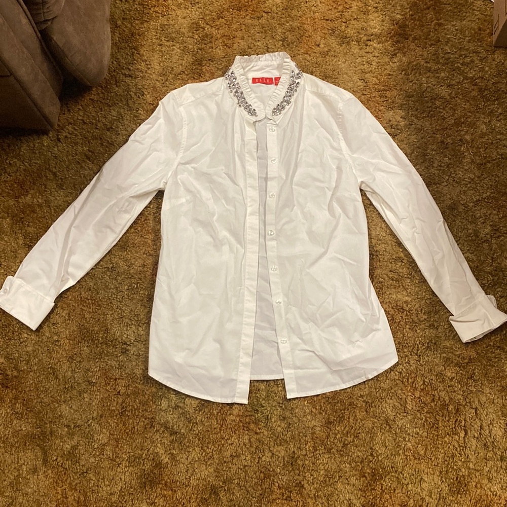 ELLE Women’s White Jeweled Collar Long Sleeve Button Up Dress Shirt Size 8